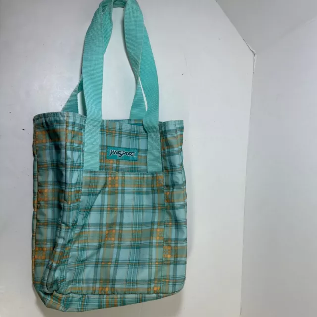 JanSport Tote Book Bag Shopper Travel Turquoise Plaid Double Strap Top Handle