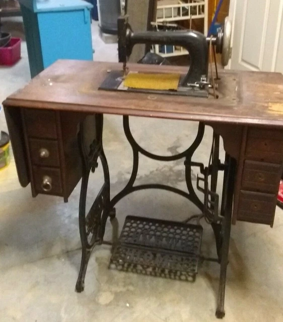 Antique New Home Treadle Sewing Machine Table Cabinet Cast Iron and Wood