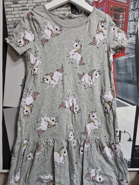 girls dress h&m age 8-10 grey unicorn print