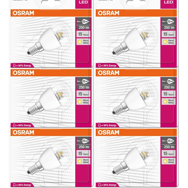 6 x Osram LED Star Classic P Tropfen 4W = 25W E14 klar Kugel P45 warmweiß 2700K