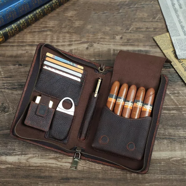 5 Cigar Storage Case Genuine Leather Humidor Box Cutter Lighter Slot 4 Card Slot