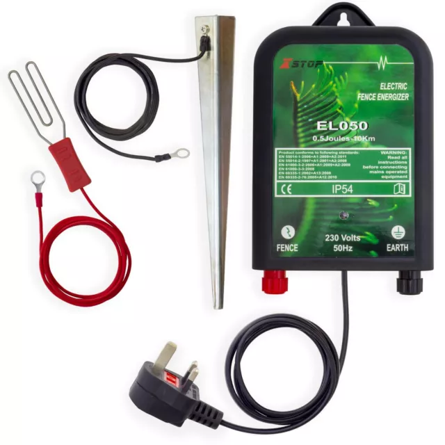 Mains 0.5J Electric Fence Energiser Unit 230V - 240V High Power Stake Leads Kit 2