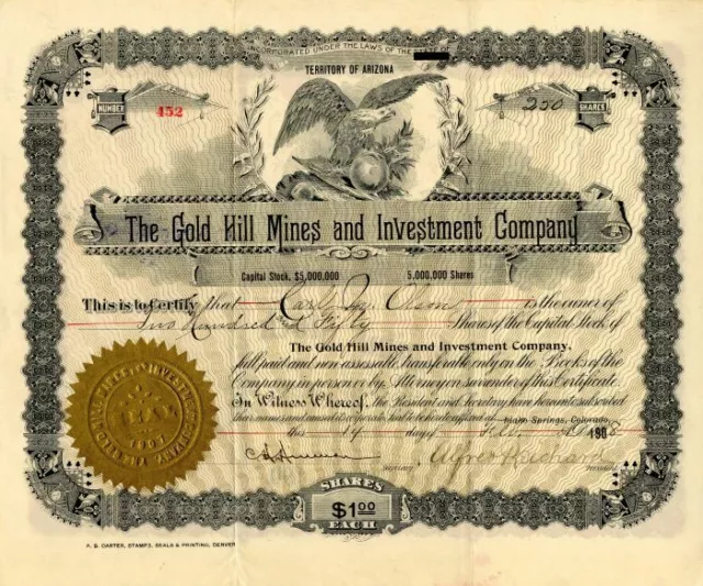 Gold Hill Mines and Investment Co. - Stock Certificate - Mining Stocks