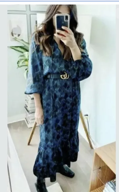 BNWT ZARA FLORAL Blue Animal Snake Print Ruffle Dress MIDI Maxi With Belt XL 39.99 PicClick UK
