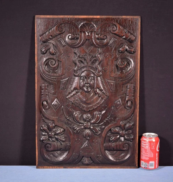 *French Antique Deeply Carved Solid Oak Wood Panel with Figure in the Center