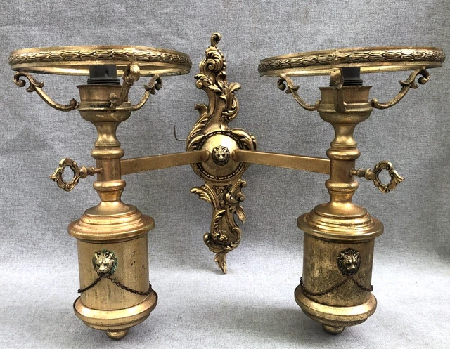 Large antique french light sconce early 1900's gilded bronze lion heads 2