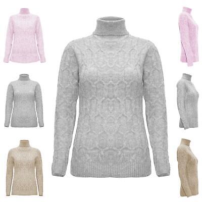 Womens Ladies Long Sleeve Chunky Cable knitted Ribbed High Neck Pullover Jumper