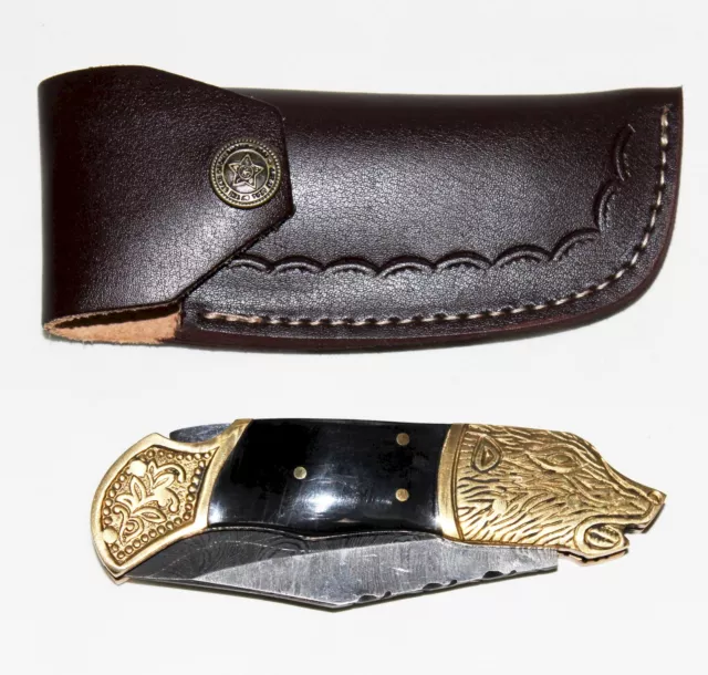 Brass Handle Folding Blade Pocket Knife Bear Animal California Leather Case NICE