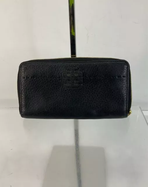 Tory Burch Black Pebbled Leather Zip Logo Clutch Wallet