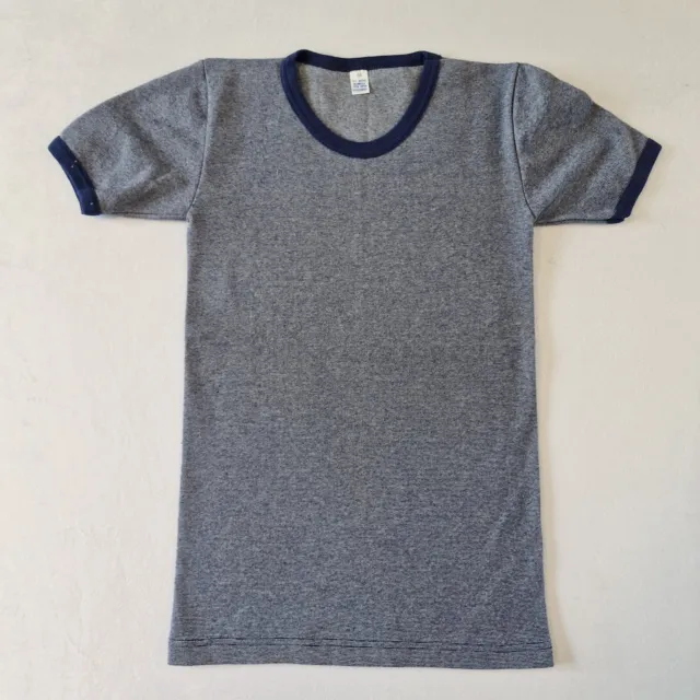 T-shirt Ringer vintage anni '70 | 11-12 anni | mix cotone blu aderente KA19