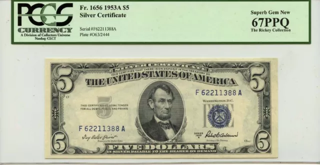 1953A $5 Silver Cert FR#1656 PCGS Superb Gem 67 PPQ