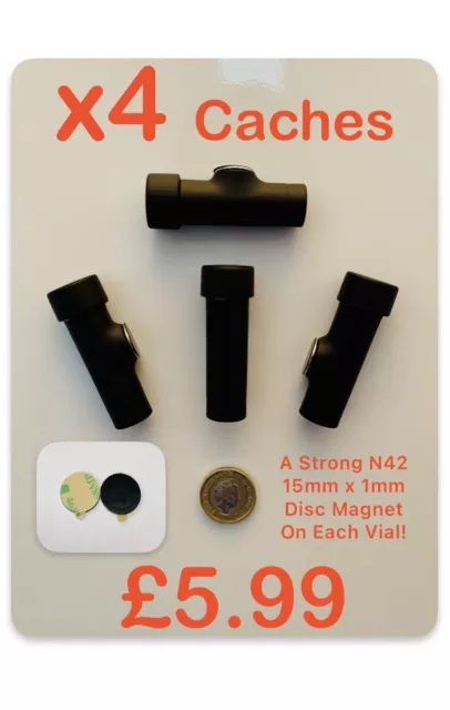 ✅ 4x Strong Magnetic W/P Geocache Micro Vial 5ml Containers & 4x 120gsm Logs!