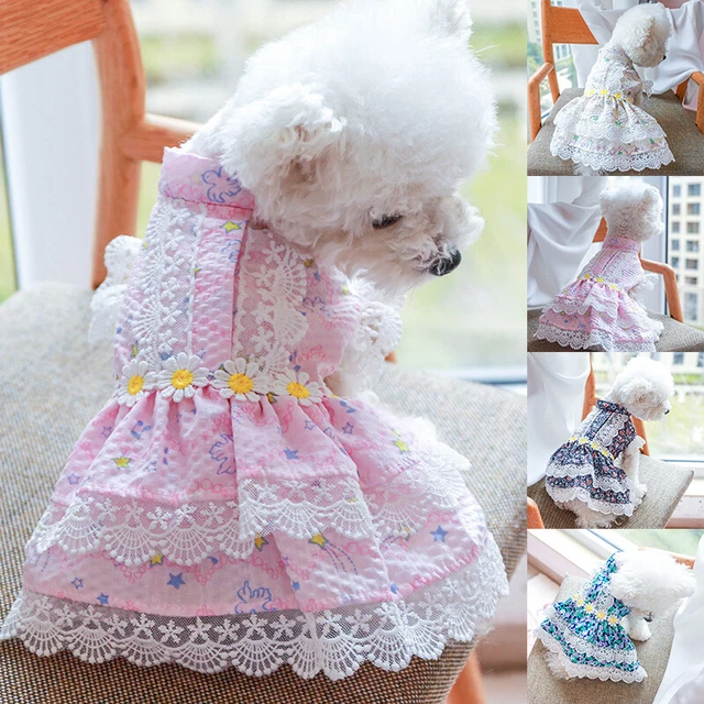 Süß Pink Haustier Kleid Hochzeit Prinzessin Blumen Spitze für Hunde Kleidung >