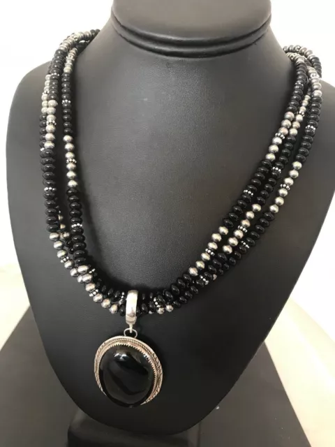 Navajo Pearls Gorgeous St Silver B Onyx Necklace 3 Strand Pendant 23" A1251