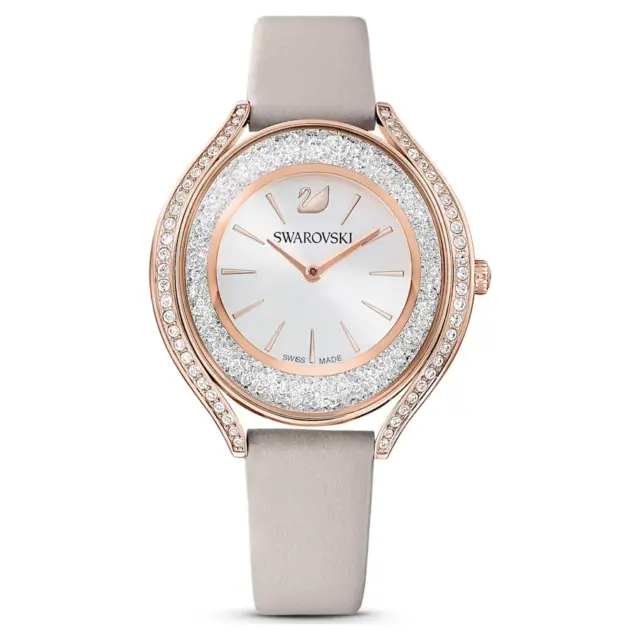 Swarovski Crystalline Aura watch Swiss Made, Leather strap, Gray, Rose gold-tone