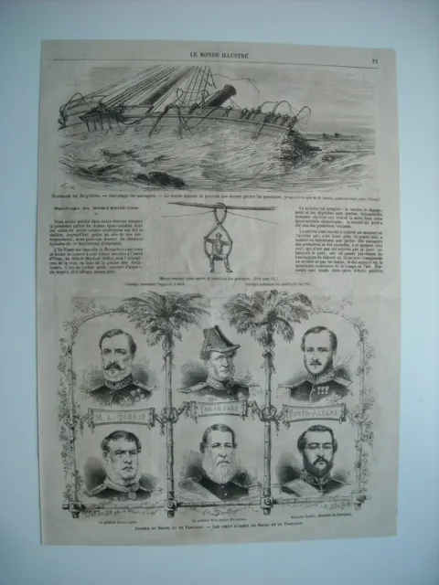 1866 Engraving. Shipwreck Of The Borysthene. Passenger Rescue. Brazil War Chiefs..