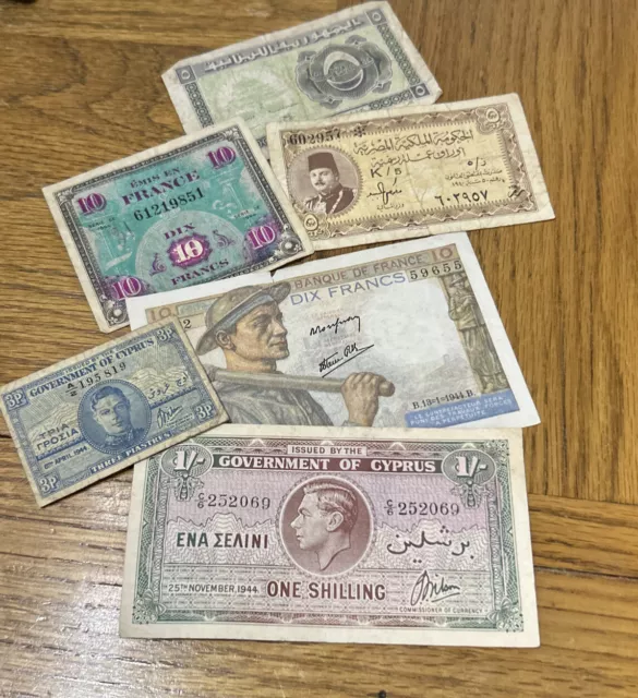 Collection Banknotes  French, Egyptian, Cyprus 1940 1944 Shilling Piastres Franc