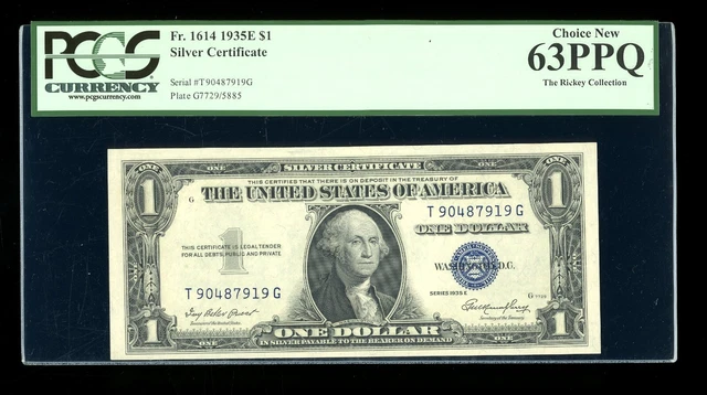 DBR 1935-E $1 Silver Fr. 1614 TG Block PCGS 63 PPQ Serial T90487919G