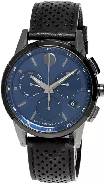 Movado Museum Sport 43Mm Chrono Ss Blue Dial Leather Men's Watch 0607561