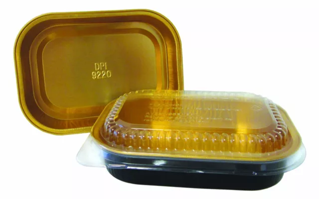 Handi-Foil 1 lb. Oblong BLACK & GOLD Aluminum Pan w/Clear Dome Lid - HEAVY DUTY