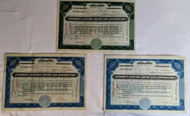 1921 Signed Stock Certificate 'Steinmetz Electric Motor Car Corporation'Lot of 3