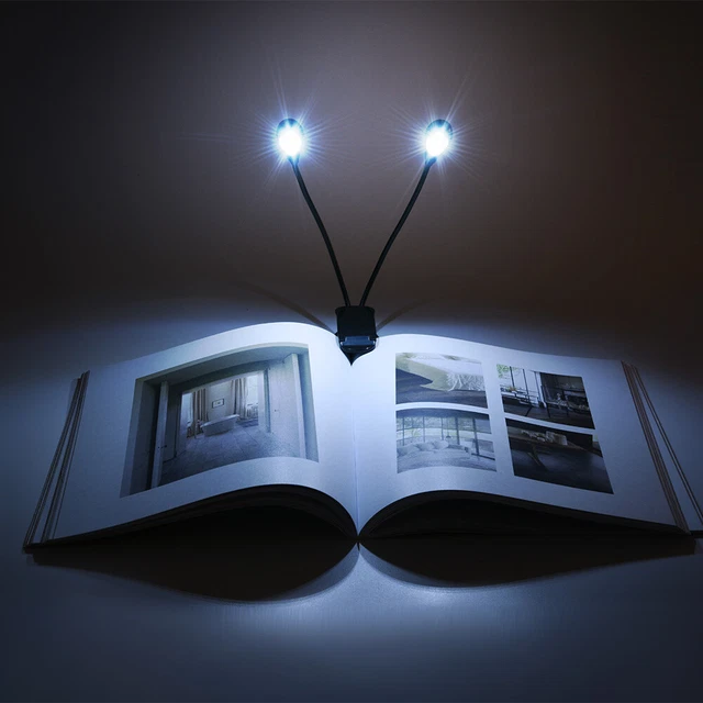 (8 Beads)Clip On Music Stand Book Reading Mini Double Adjust Arms Light LED EJJ