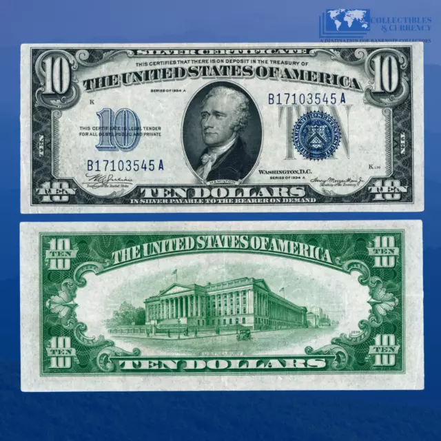 1934A $10 Ten Dollars Silver Certificate Blue Seal, XF Condition #03545