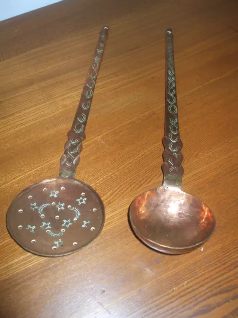 Genuine antique Georgian copper ladle and skimmer, folk art, 17" / 600g