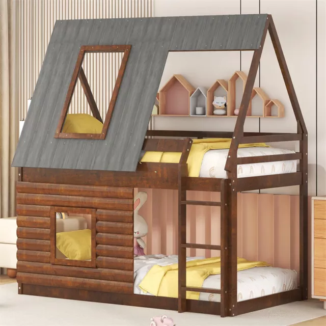 Twin Over Twin Bunk Bed with Windows Roof Wood Frame Kids Chid House Gifts Oak