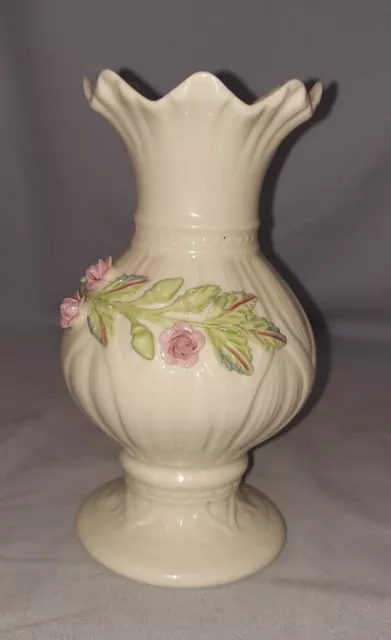 Vintage  Belleek Aberdeen Vase w/Applied Flowers  Green Mark  6.375"