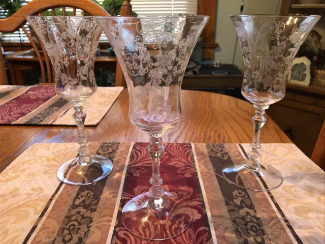 Cambridge - #3121 - Rose Point- Crystal Wine Glasses - 5 3/4" - Set Of 3