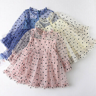 Toddler Kids Baby Girls Long Sleeve Gauze Ruffled Polka Dot Princess Dresses