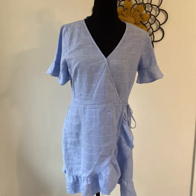 Everly Blue Plaid Ruffle Flare Wrap Dress Sz M NWOT