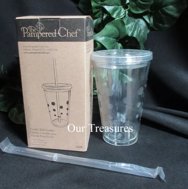 NEW Pampered Chef Double Wall Tumbler w/ Straw #2328 - With Frosted Dots
