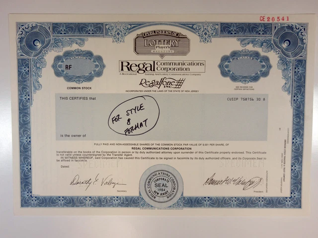 NJ. Regal Communications Corp., 1989. Specimen Stock Cert., XF-AU, SC-USBN