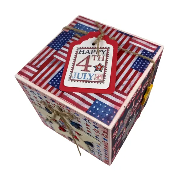 AGD Patriotic Decor - Happy 4th Fourth of July Wood Cube Block