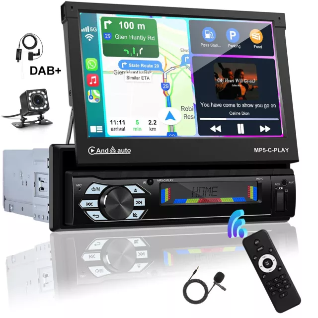 7" DAB+ Single 1 Din Flip Out Apple Carplay Car Radio TouchScreen FM BT + Camera