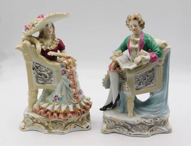 A Pair Vintage Antique German Porcelain Figurines of a Young Couple with Chairs