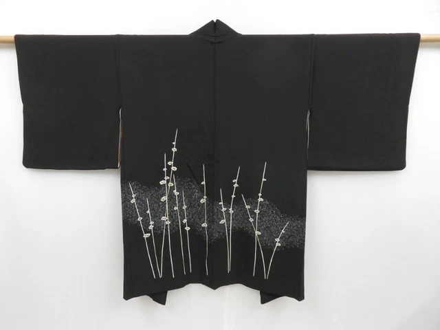 3326T10z690 Vintage Japanese Kimono Silk HAORI Plum branch Black
