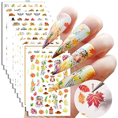 Pegatinas de arte en uñas de otoño Acción de Gracias, hoja de arce 3D autoadhesivas hoja de otoño
