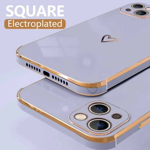 For iPhone 14 13 12 Pro Max 11 XR 8 Luxury Plating Love Heart Square Case Cover
