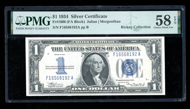 DBR 1934 $1 Silver Funnyback Fr. 1606 FA Block PMG 58 EPQ Serial F16568192A