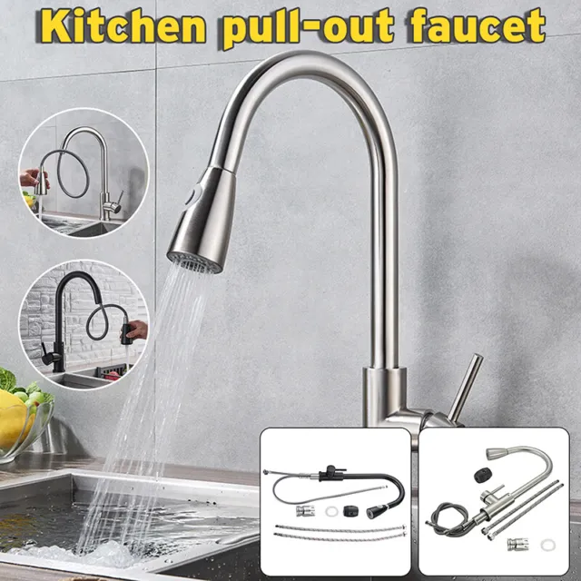 360° Kitchen Sink Swivel Spout Tap Pull Out Spray Head Faucet Black Mixer Taps