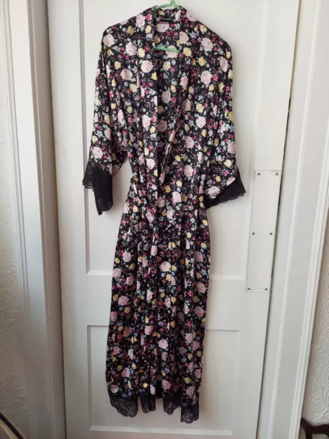 Christian Dior Black Floral Long Robe w Black Lace Med Vtg 80s Polyester VGUC