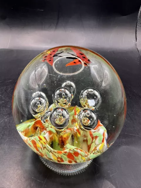 Art Glass Paperweight Orange Green & White Waves W/ Bubbles & Butterflies