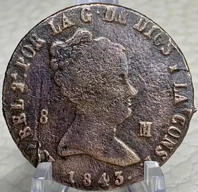 1843 Spanish Large Rare Coin Queen Isabella II 180 Years Old 8 Maravedis