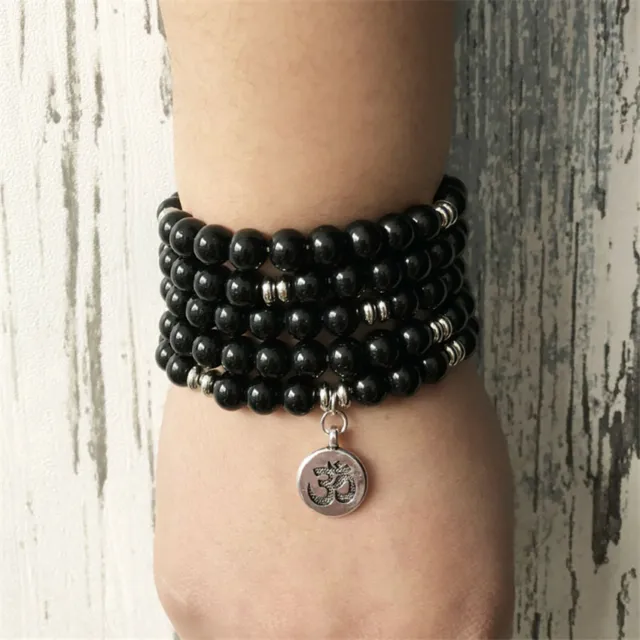 8MM 108 Black Onyx Buddha beads Silver Pendant Bracelet blessing Buddhism 3