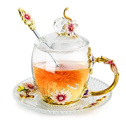 Juego de tazas de té y platillo de vidrio vintage SHEEYEE con flor margarita rosa-púrpura 01