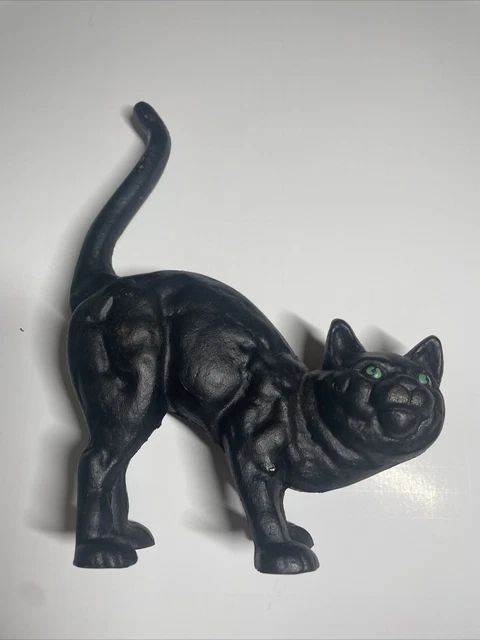 Vintage Cast Iron Black Cat Doorstop Green Eyes Arched Spooky Halloween Decor