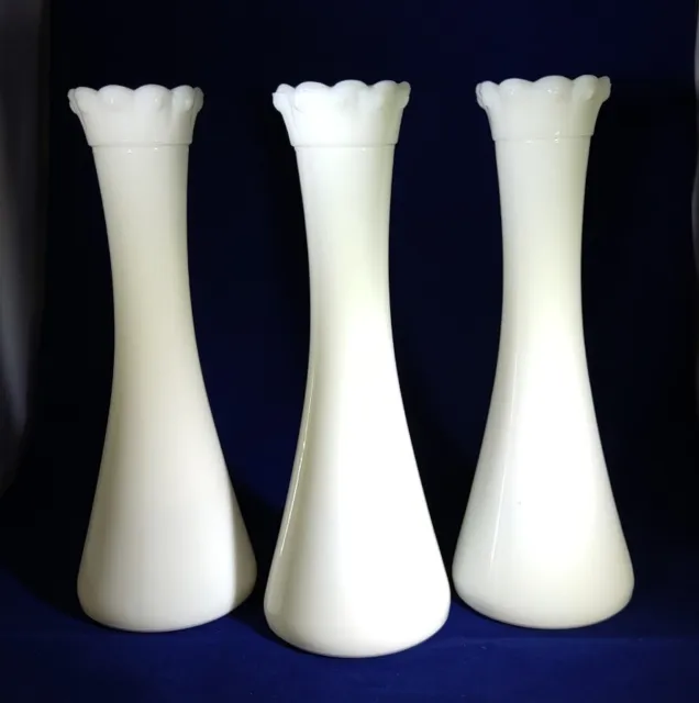 3 Milk Glass Bud Vases Smooth with Pedal Top Rim